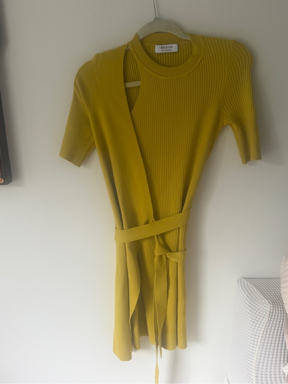Bailey 44 Mustard Yellow Asymmetrical Ribbed Belted Dress